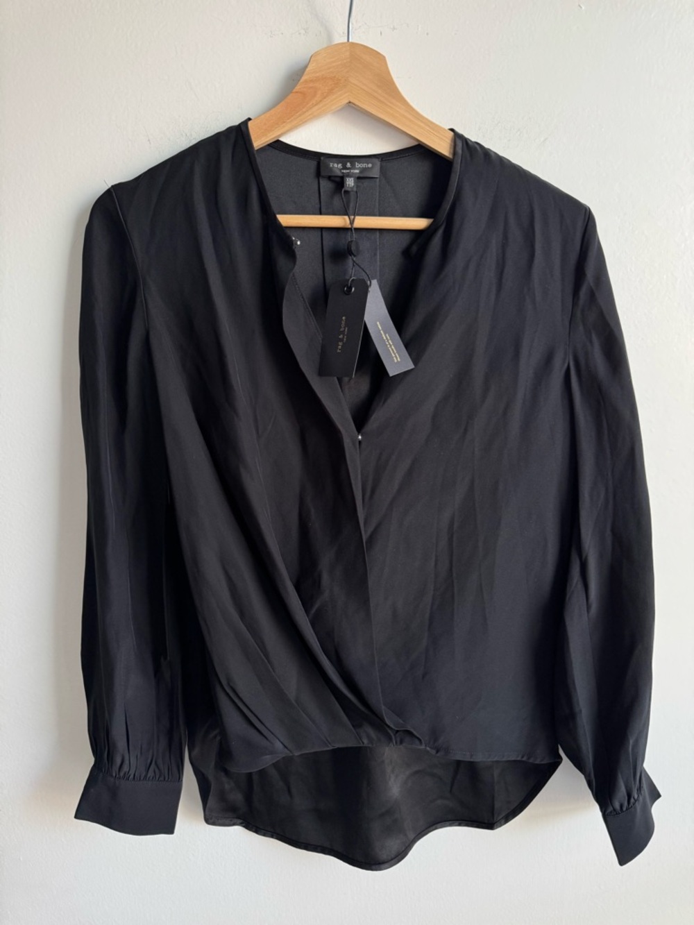 Rag & Bone Black 100% Silk Lora Long Sleeve Cross Front Blouse